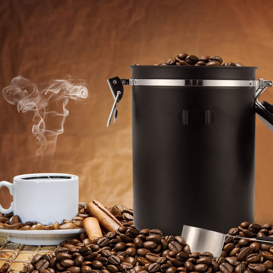 ZWOOS Kaffeedose Luftdicht 1kg - Kaffeebohnen Behälter aus Edelstahl mit CO2-Ventil - mit Messlöffel (2,8 L Schwarz)