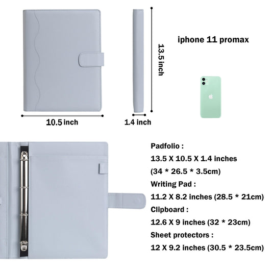 Wonderpool A4 PU Leder Ringhalter Schreibmappen Multi Dokumententasche mit Herausnehmbarem Binder Klemmbretter und funktioneller Tasche für Organizer Büro Reise Schule (Hellgrau)