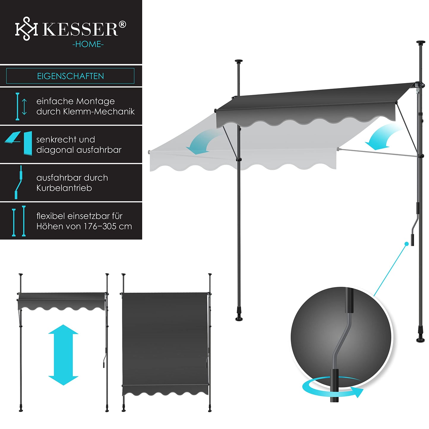 KESSER® Sonnenschutz Markise manuell ausziehbar 350cm | Sonnensegel UV Schutz Sonnenschutz | Klemmmarkise für Outdoor, Terrasse, Balkon, Garten höhenverstellbar ohne Bohren, Anthrazit