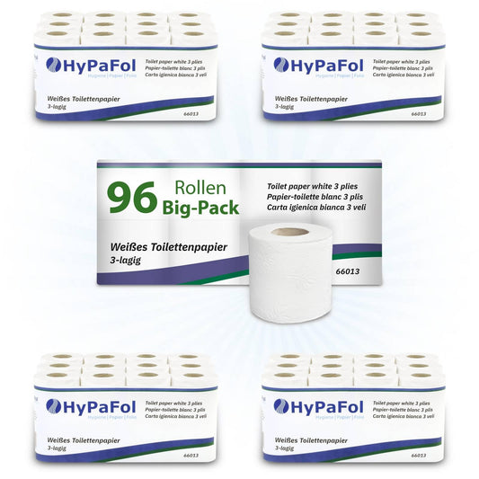 Hypafol Toilettenpapier motivgeprägt, 3-lagig | Vorteilspack mit 96 Rollen Klopapier | extra weich und reißfest | Vorratspack, 12 x 8 Rollen | aus hochwertigem weißem Zellstoff