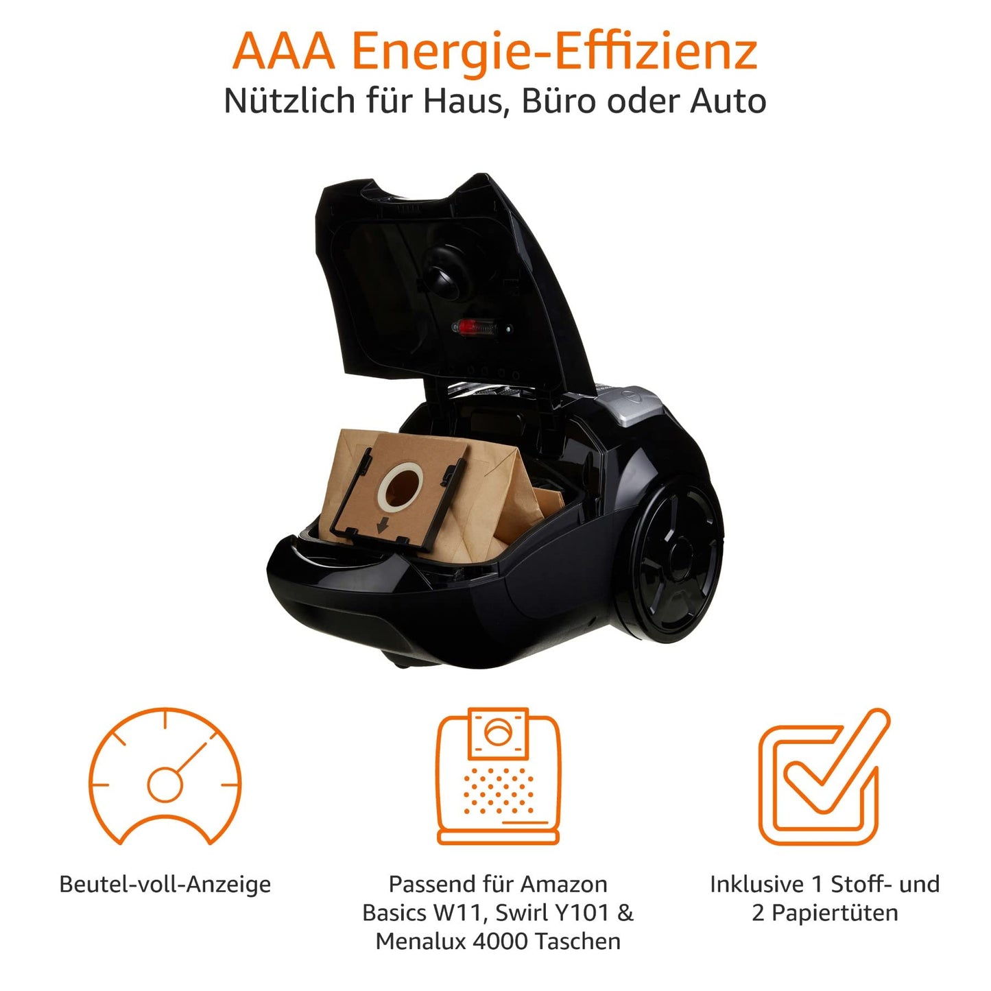 Amazon Basics Staubsauger mit Beutel, leistungsstark, für Hart- und Teppichböden, HEPA-Filter, mit Geschwindigkeitskontrolle, 700 W, 3.0 L, EU, Schwarz