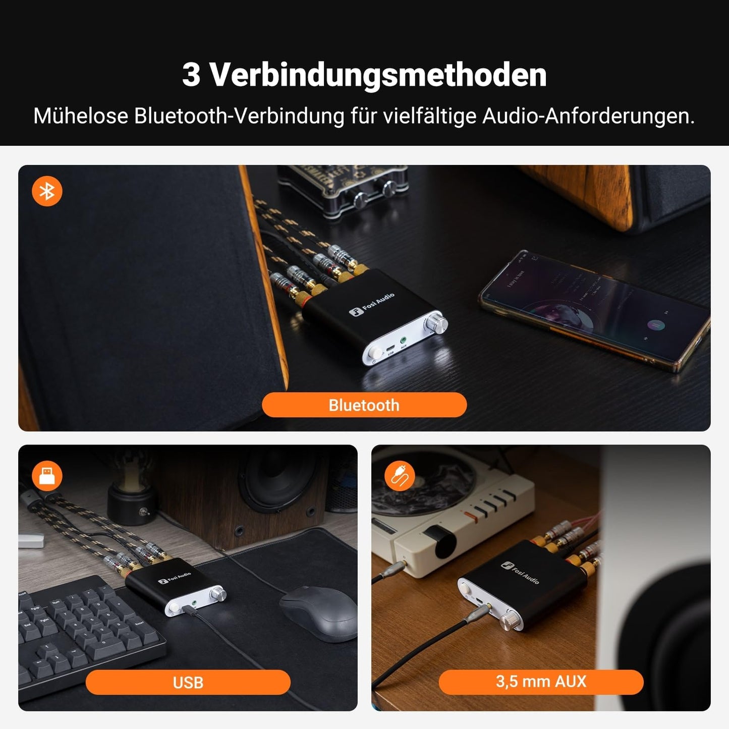 Fosi Audio ZK-1002D Mini Verstärker Bluetooth, 100W×2 Mini HiFi Verstärker 2.0 Kanal mit Bluetooth/USB/AUX-Eingängen, PC Audio Verstärker für Passive Lautsprecher/PC/Tablet