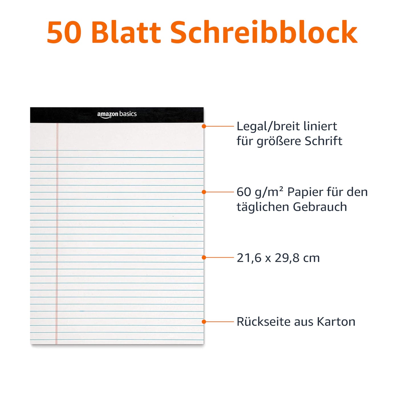 Amazon Basics Notizblöcke, liniert, 21.6 x 29.8 cm (Packung mit 12 Stück),50 Blatt pro Block, Letter, Weiß