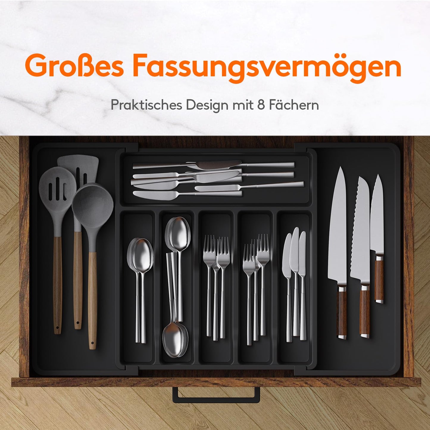 Lifewit Besteckkasten für Schubladen,verstellbarer Besteckhalter Utensilienhalter für Küchenschubladen, Schubladeneinsatz Besteckeinsatz für Küche Organizer aus Kunststoff für Löffel,Gabeln, Schwarz