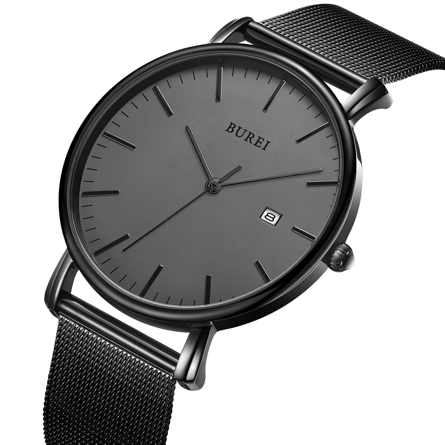 BUREI Ultra Dünne Uhren Herren Schwarze Analoges Datum Armbanduhr Herren mit Japanisches Quarzwerk, Geschenke für Männer