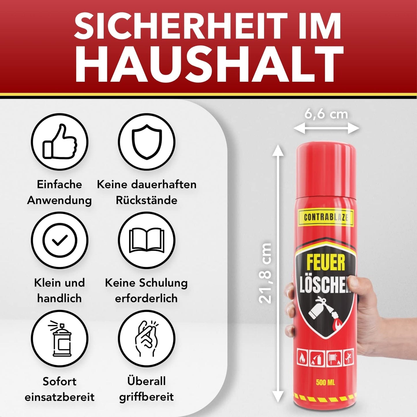 Feuerlöschspray - 500ml - für mehr Sicherheit im Alltag - Idealer Feuerlöscher Haushalt für die Küche - Perfekt als Mini Feuerlöscher Auto - Löschspray sofort & sicher einsatzbereit