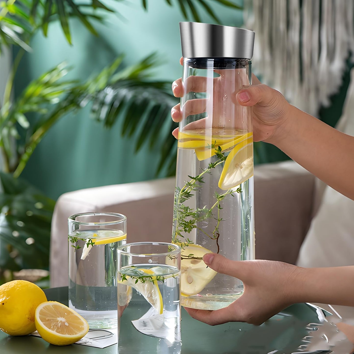 POWZOO Glas-Karaffe,Wasserkaraffe Glas (1.5 Liter),Glaskaraffe mit Deckel Edelstahl und Ausgießer, Saft Getränkekaraffe,Karaffe aus Glas für hausgemachte,Getränke/Eistee/Milch/Kaffee/Wein