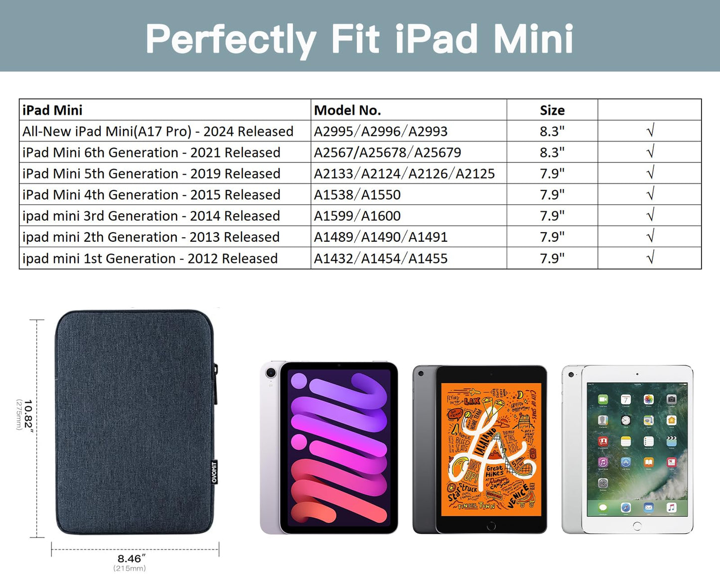 TiMOVO 8-9 Zoll Tablet-Tasche Hülle für All-New iPad mini 7 (A17 Pro, 2024), iPad mini 6 (8.3-Zoll, 2021), iPad mini 5/4/3/2/1, Tragbare Schutztasche mit Taschen für iPad mini