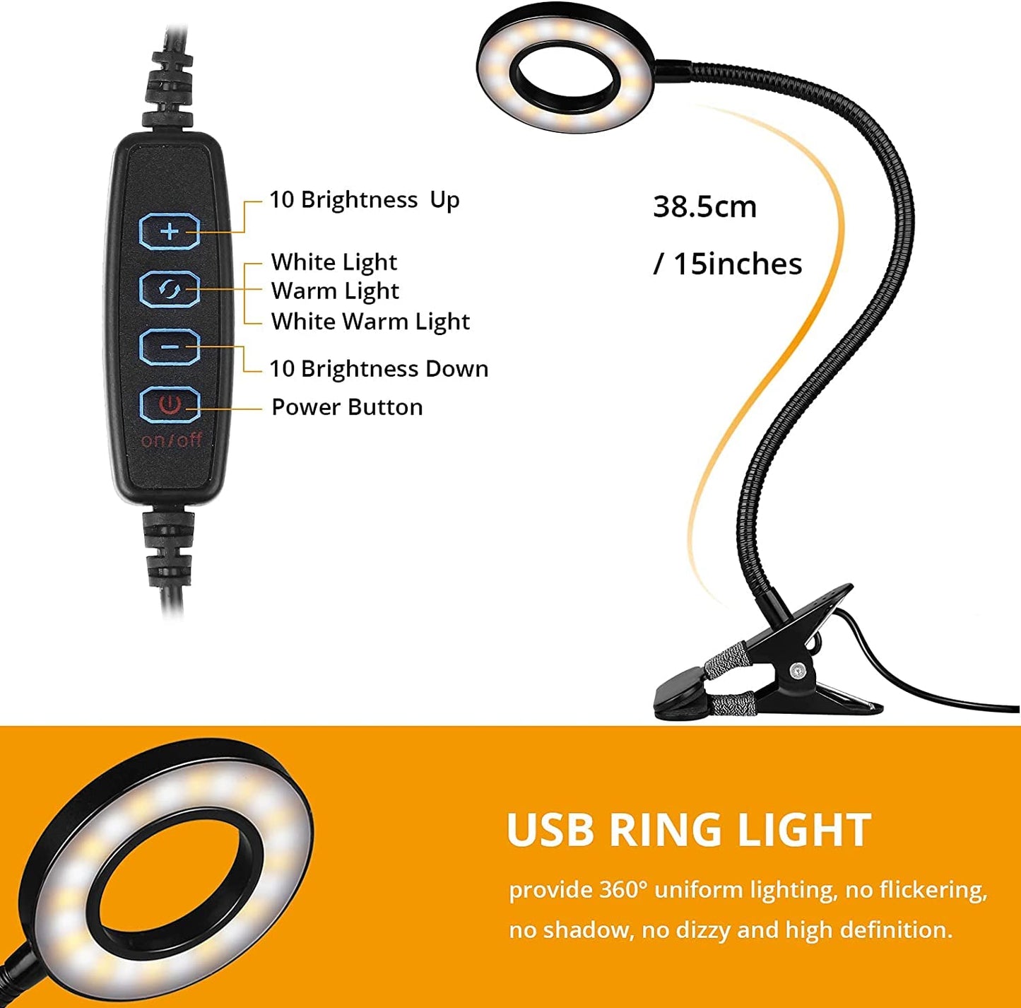TBTeek LED Klemmleuchten, 48 LED Leselampe Bett Klemmbar, Augenpflege Schreibtischlampe, 3 Modi & 10 Dimmstufen, Klemmleuchte für Büro Heimgebrauch, CE Adapter Enthalten, Schwarz
