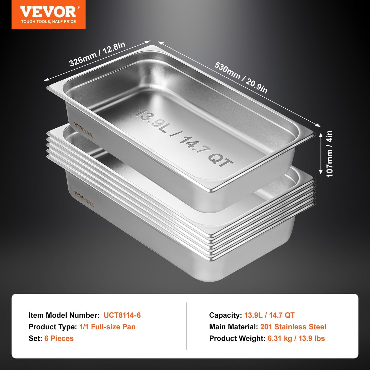 VEVOR Gastronormbehälter, Edelstahl Behälter 6 Stück, 530 x 326 x 107 mm Speisebehälter, kommerzieller Dampfpfanne Warmhaltebehälter 13,9 L Tiefe, Hotelpfanne Tisch Food Pan Buffet Catering