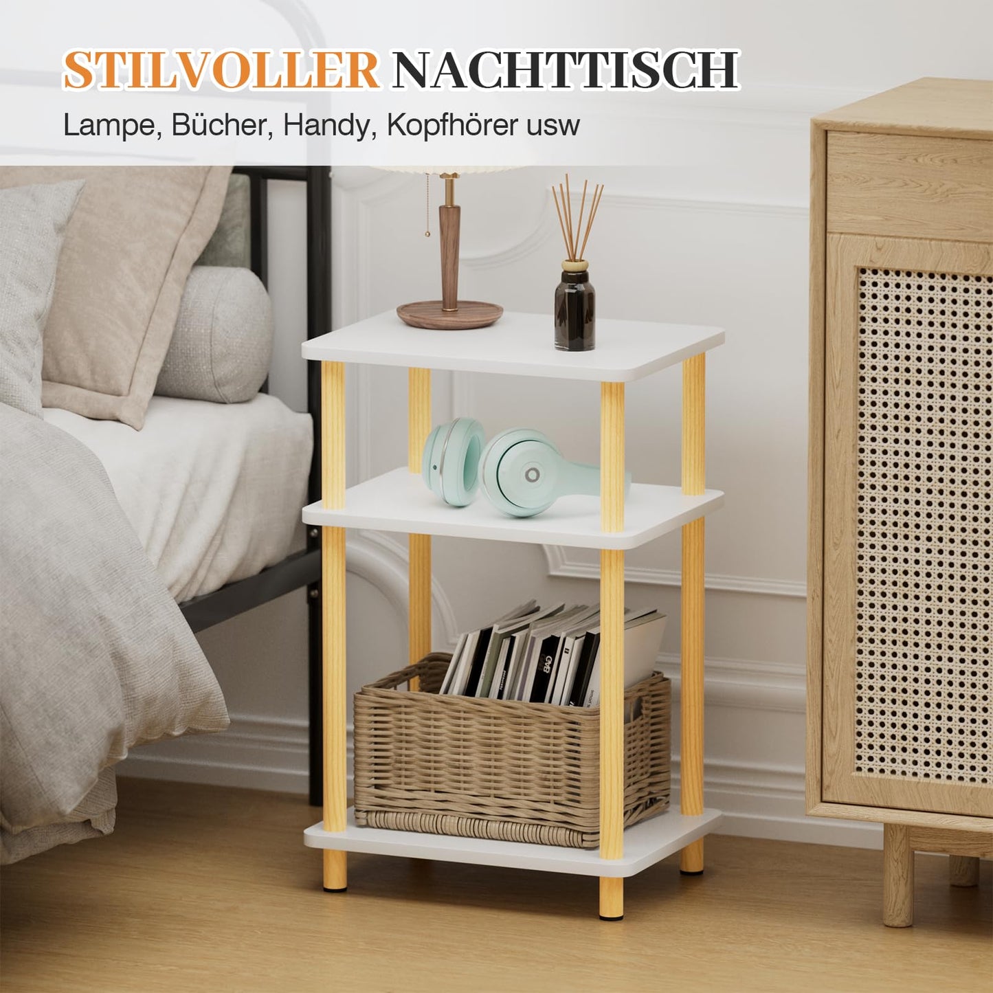 APICIZON 3 Tier Beistelltisch Schmal, Nachttisch Holz, Tisch Klein, Kleiner Beistelltisch fürs Wohnzimmer, Schlafzimmer, Balkon, Arbeitszimmer, Natur&Weiss