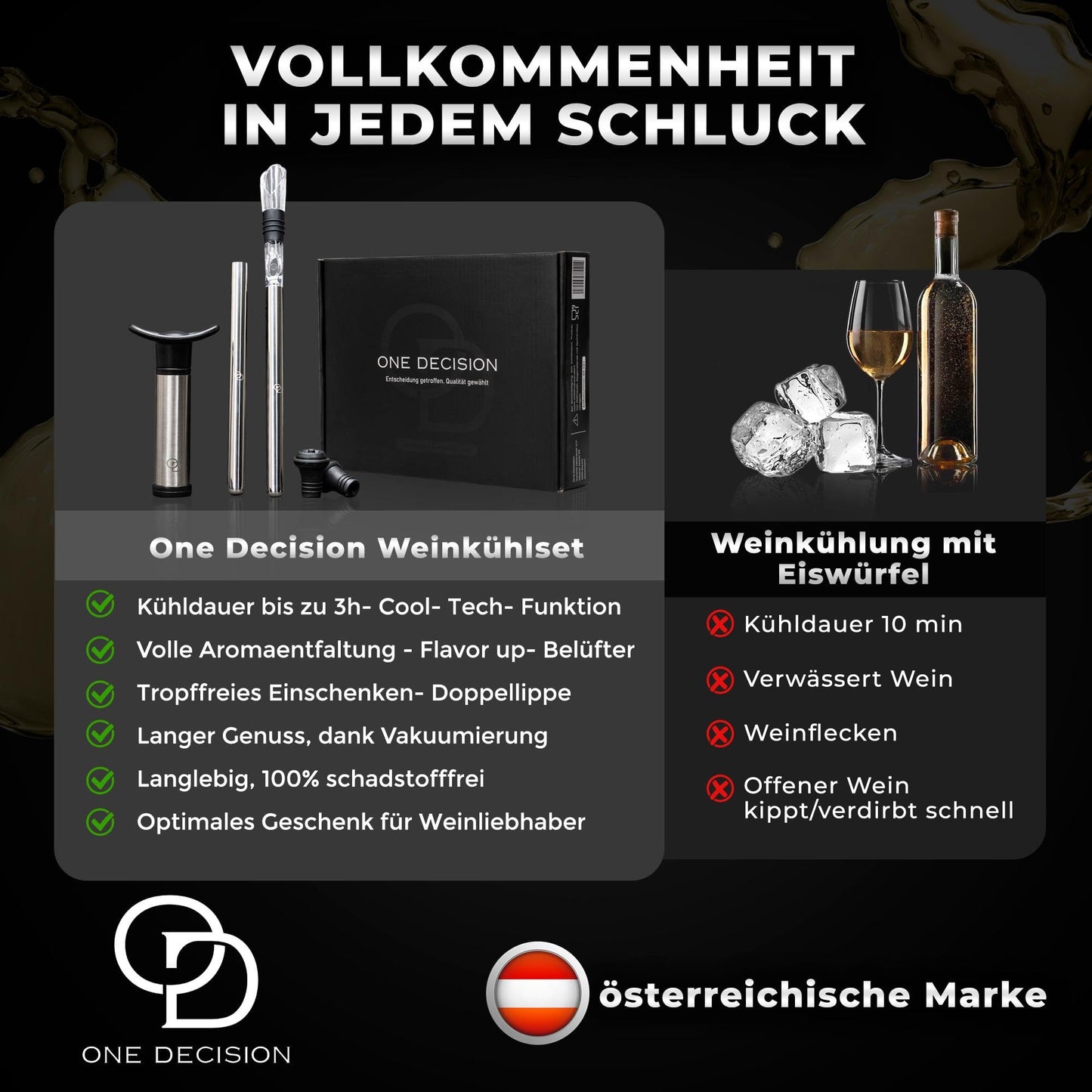 One Decision deluxe Weinkühlstab 6in1 Set | inkl 2 Längen Edelstahl | Weinkühler Stab+Vakuumpumpe+Ausgießer | Geschenkideen Frauen, Geschenke Männer