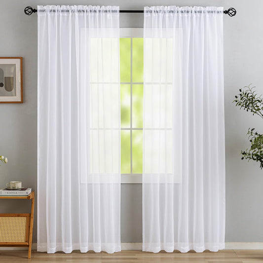 MYSTIC-HOME Gardinen Weiss Transparent - Voile Gardinen Wohnzimmer Modern - Luftige Soft und Sonnenlichtfilterung - Rod Pocket Vorhang Weiß Durchsichtig für Schlafzimmer, Weiß 2er Set H245 x B140 cm
