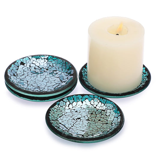 BSTKEY Set mit 4 Mosaik-Glas-Kerzentellern, 10 cm, 4 runde Kerzenteller, dekorativer Stumpenkerzenhalter, Teelichthalter, Untersetzer, Untersetzer, Blau