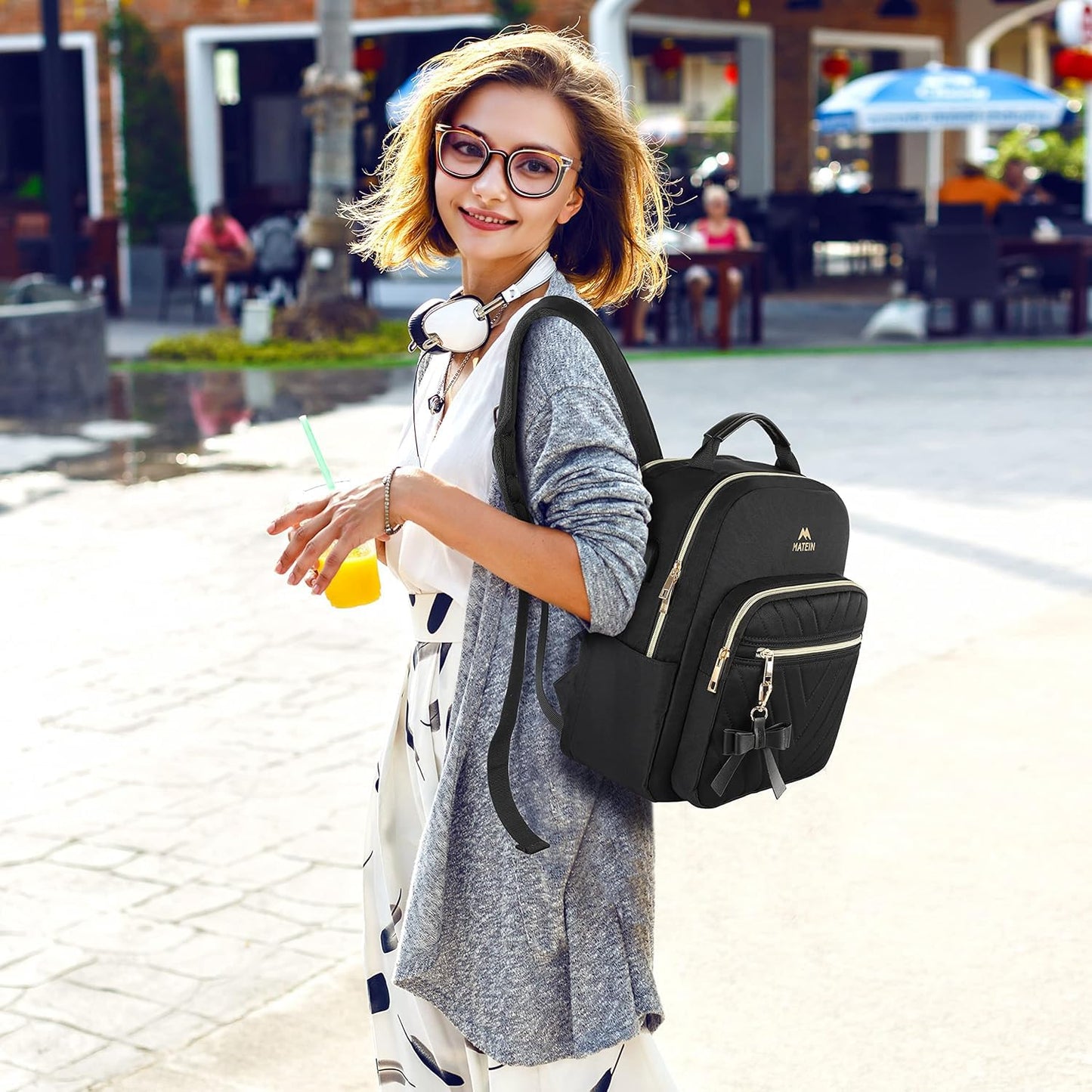 MATEIN Rucksack Damen Klein, Elegant Schulrucksack Geldbeutel Set 2 in 1 Wasserdicht Cityrucksack Casual Daypack mit USB Ladeanschluss Modern Handtasche Rucksacktasche für Reisen Arbeit Schwarz