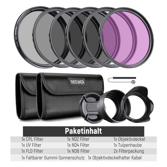 NEEWER 58mm Objektiv Filter Set: UV, CPL, FLD, ND2, ND4, ND8, Gegenlichtblende und Objektivdeckel Kompatibel mit Canon Nikon Sony Panasonic DSLR Kameras mit 58mm Objektiv