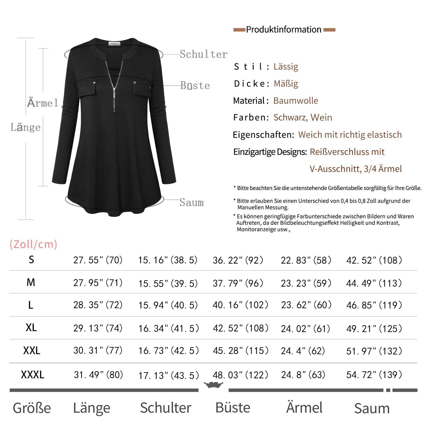 Siddhe Bluse Schwarz Damen Einfarbig V-Ausschnitt Bluse Tunika Damen Langarm Reißverschluss T-Shirt Oberteile Elegant 3/4 Ärmel Blusen Casual Longshirt, Schwarz M