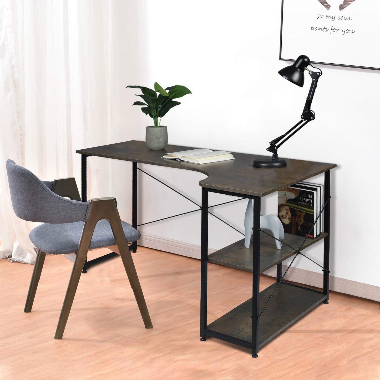 WOLTU Eckschreibtisch, L-förmiger Schreibtisch mit 2 Ablagen, Bürotisch Computertisch PC Tisch, Ecktisch Groß für Büro Homeoffice Gaming, Industrie-Design, 120x71,5x74 cm, Schwarz+Rostfarbe