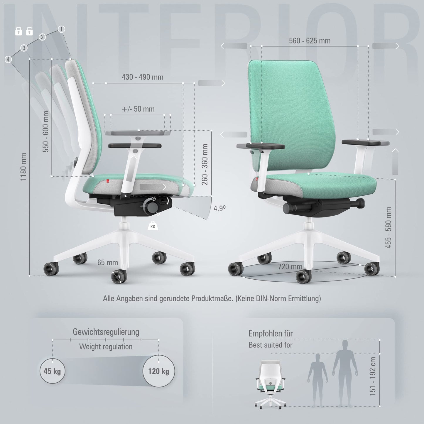 Interstuhl Joyce Interior Edition - ergonomischer Bürostuhl - Schreibtischstuhl mit Synchromechanik - verstellbare Rückenlehne und Lordose - Designer-Rollen (Türkis | Weiß)