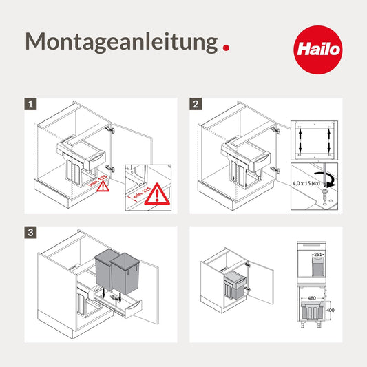 Hailo Abfallsammler Tandem 3666101 | Abfalleimer für Schränke ab 300 mm Breite mit Drehtür | Einbau Mülleimer mit 2x 15L Trennung | Mülltrennung als Vollauszug mit Teleskopschienen | Dunkelgrau