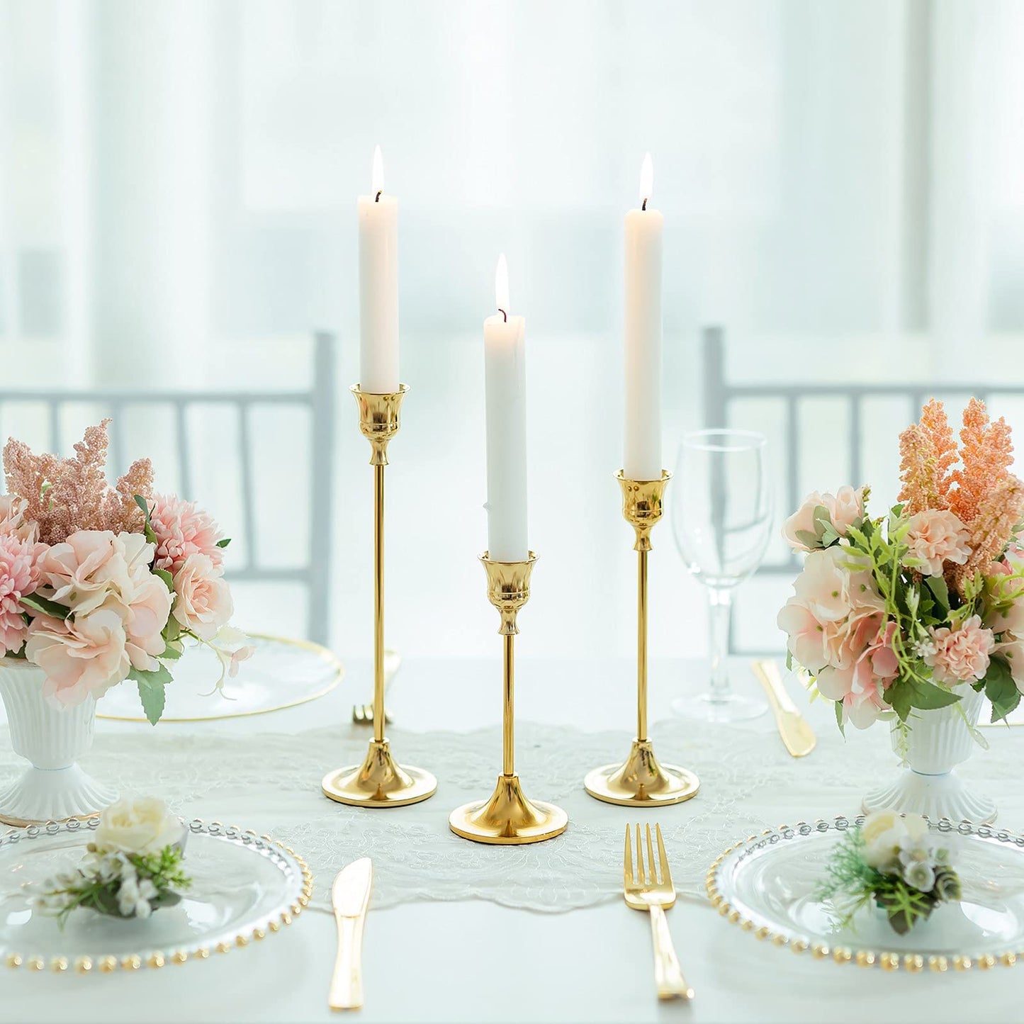 Romadedi kerzenständer Metall Gold 15er Set - Dekorativer Vintage Kerzenhalter in Unterschiedlicher Größe Kerzen Ständer für Stabkerze Spitzkerzen Hochzeit Party Weihnachten Tischdeko 15/19/24cm