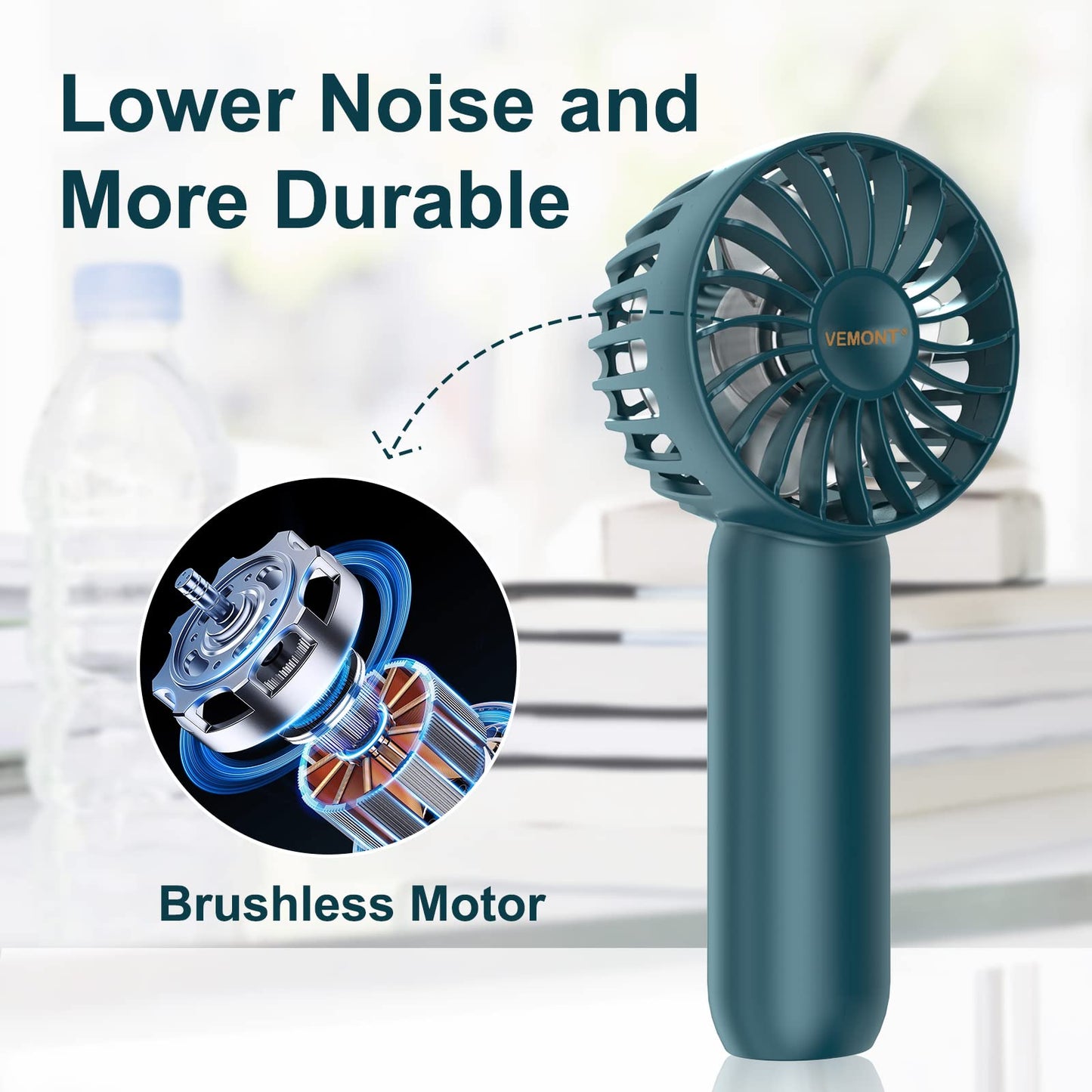 VEMONT Handventilator, Mini Ventilator mit 2500mAH Wiederaufladbarer Akku, Persönlicher Tragbarer Hand Ventilatoren Batteriebetrieben mit 3 Geschwindigkeiten, perfekt für Reisen im Freien