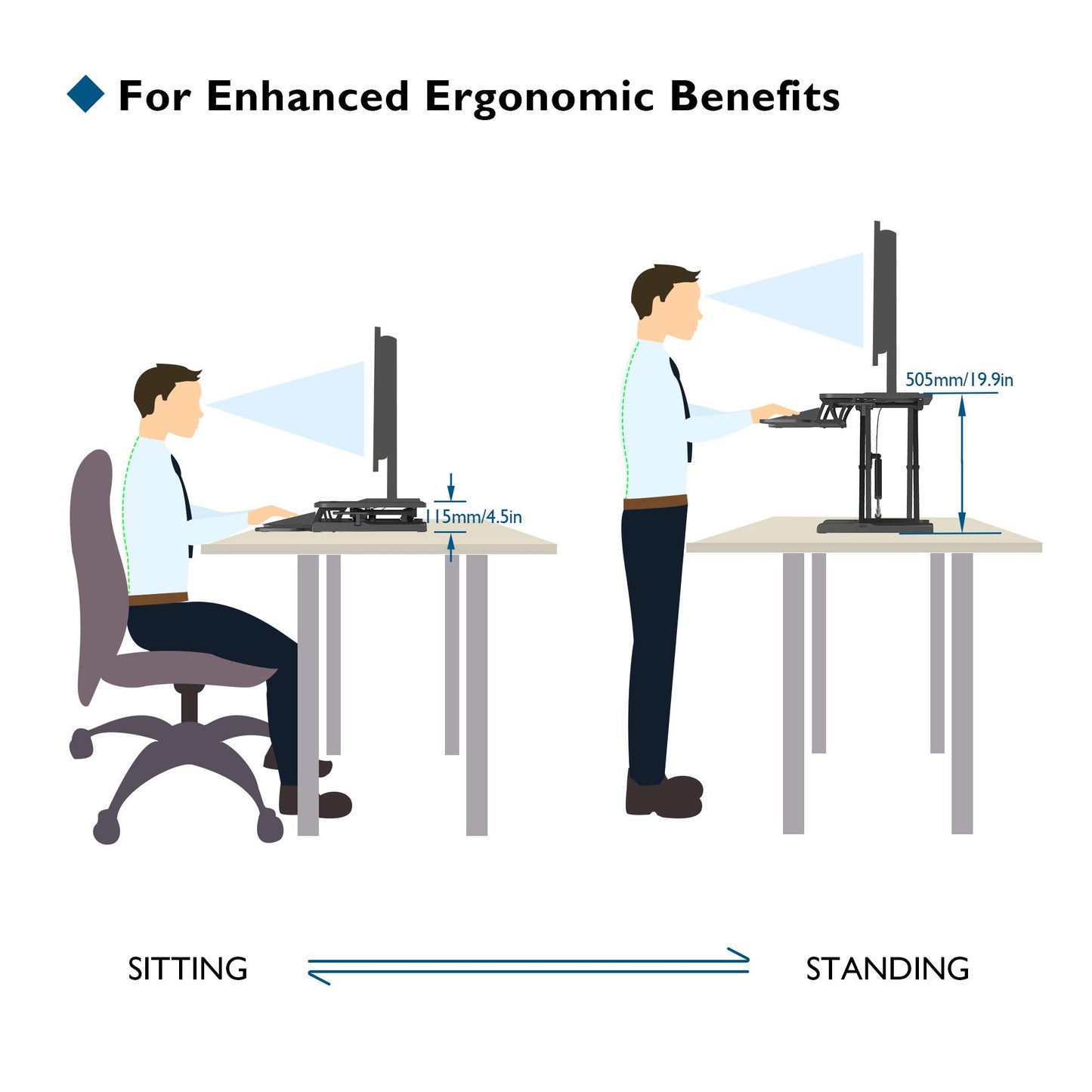 BONTEC Steh-Sitz Schreibtisch Steharbeitsplatz Stehpult Standtisch Ergonomische Höhenverstellbar für PC-Computerbildschirm, Laptop | 80x40cm Plattform mit Tastaturablage, 15 kg Kapazität, Schwarz