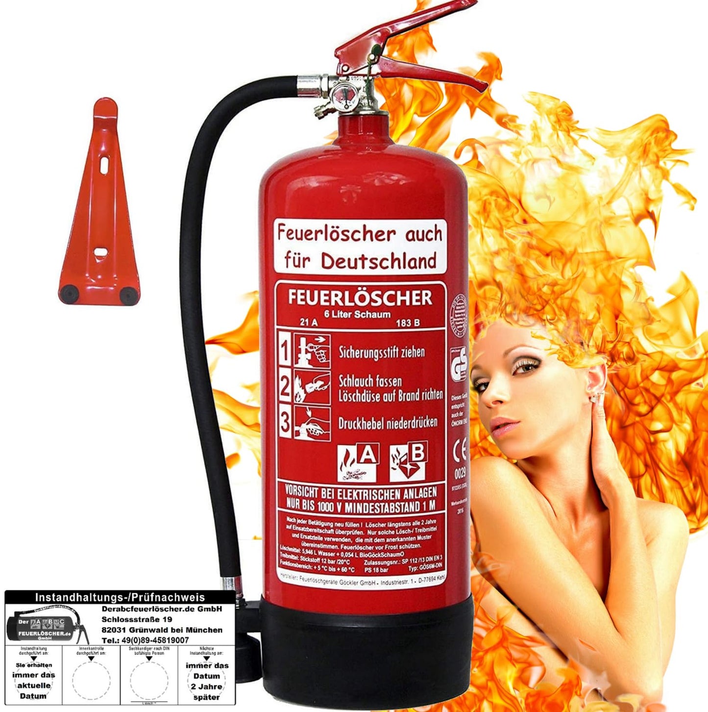 Brandengel® Feuerlöscher 6L Schaum Brandklasse AB DIN EN 3 + GS, (Mit Prüfnachweis u. Jahresmarke) Manometer, Wandhalter, Messingarmatur Sicherheitsventil, Standfuß, Schaumlöscher Haushalt Büro