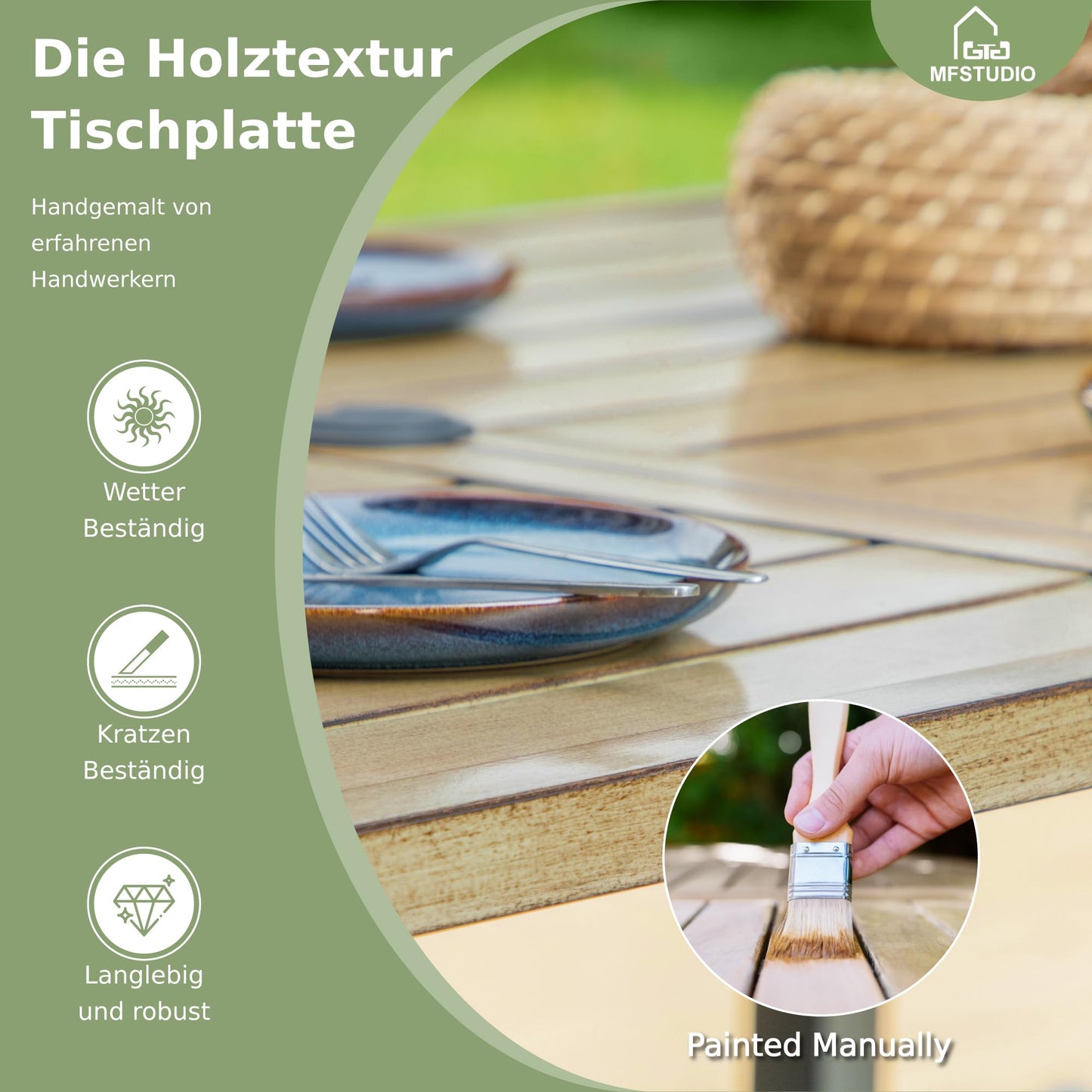 MFSTUDIO Rattan Gartenmöbel Set, Balkonmöbel, Rechteckiger Gartentisch mit Stühlen Terassenmöbel mit Verstellbarem Schirmloch, Terassenmöbel Außen für Garten, Beige Kissen, Dunkelbraun