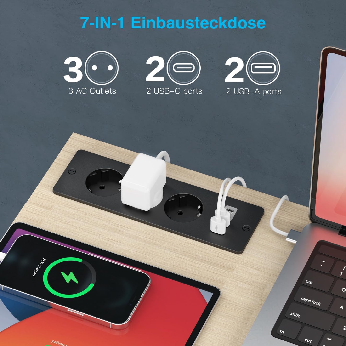 Tischplatte Steckdose mit USB C, 3 Fach Einbausteckdose mit 2m Kabel, Tischsteckdose Steckdosenleiste Mehrfachsteckdose für Konferenztisch, Arbeitsplatte, Sofatisch