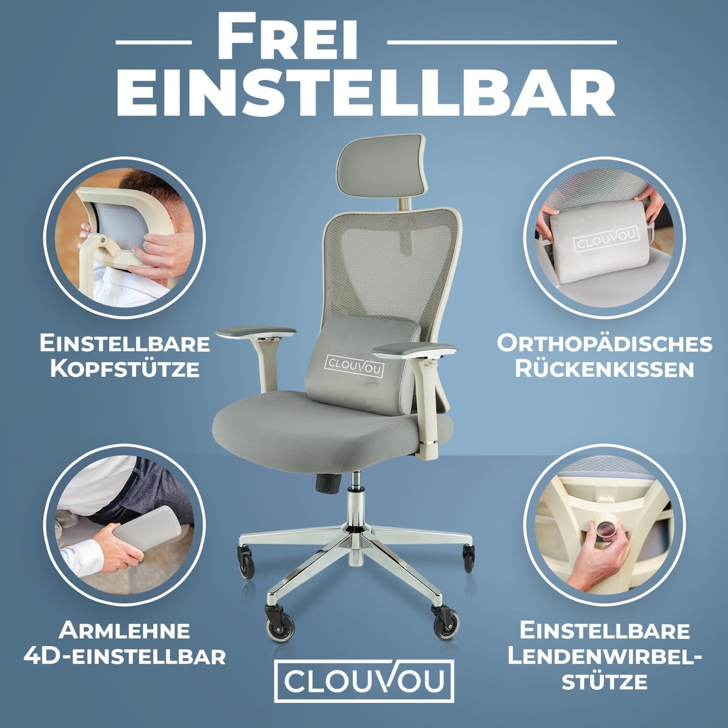 CLOUVOU CleverSeat Bürostuhl Ergonomisch [TESTSIEGER] Schreibtischstuhl 100% individuell einstellbar | Büro Stuhl & Gaming Stuhl | Computerstuhl Home Office Chair Ergonomic | Drehstuhl 150 kg
