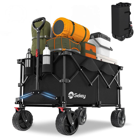 Sekey XXL Plus Bollerwagen Faltbar mit Bremsen 200L 200KG Belastbar, Extra Breite Reifen All Terrain Bollerwagen, Patentiert Zusammenfaltbar aus Vier Richtungen, XXL-PlusB 4011, Schwarz