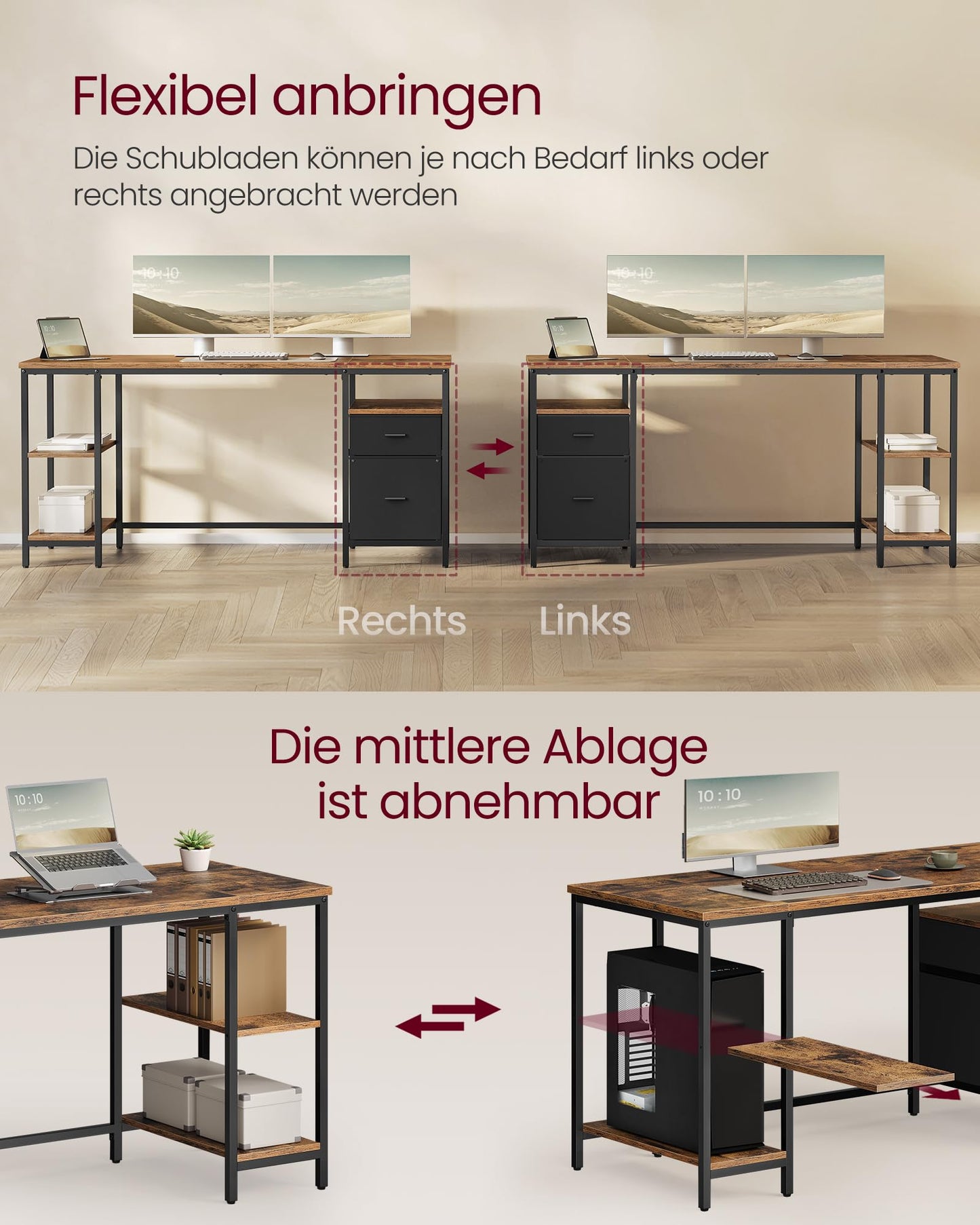 VASAGLE Computertisch, Bürotisch, Schreibtisch, mit 3 Ablagen, 2 Schubladen, 160 x 60 x 76 cm, fürs Büro, Wohnzimmer, Industrie-Stil, vintagebraun-schwarz LWD105K01