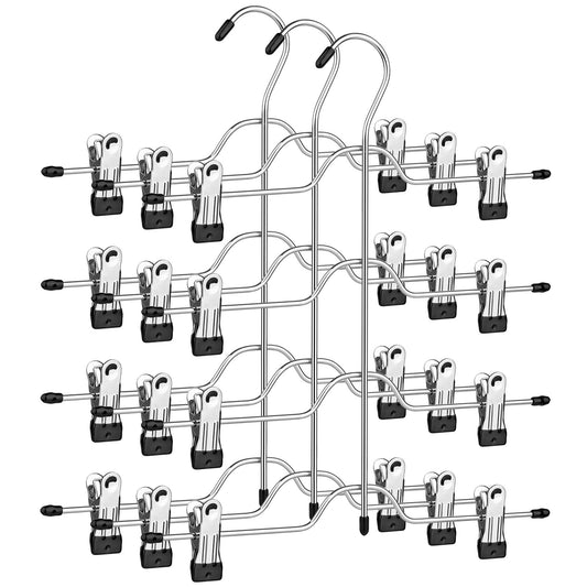 SONGMICS Hosenbügel platzsparend, Mehrfach-Rockbügel mit Clips, 3er Set, Kleiderbügel aus Metall, für je 4 Hosen, mit 8 verstellbaren Klammern, rutschfest, für Hosen, 32 cm, silbern-schwarz CRI042BK