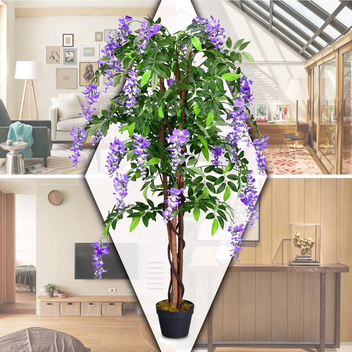 COSTWAY Kunstbaum mit Blüten, Kunstpflanze im Topf, Zimmerpflanze mit natürlichen Blättern & 3 Stämmen, Künstlicher Baum Kunstblume Lila, Dekopflanze künstlich, Zimmerpflanze Grünpflanze 150 cm