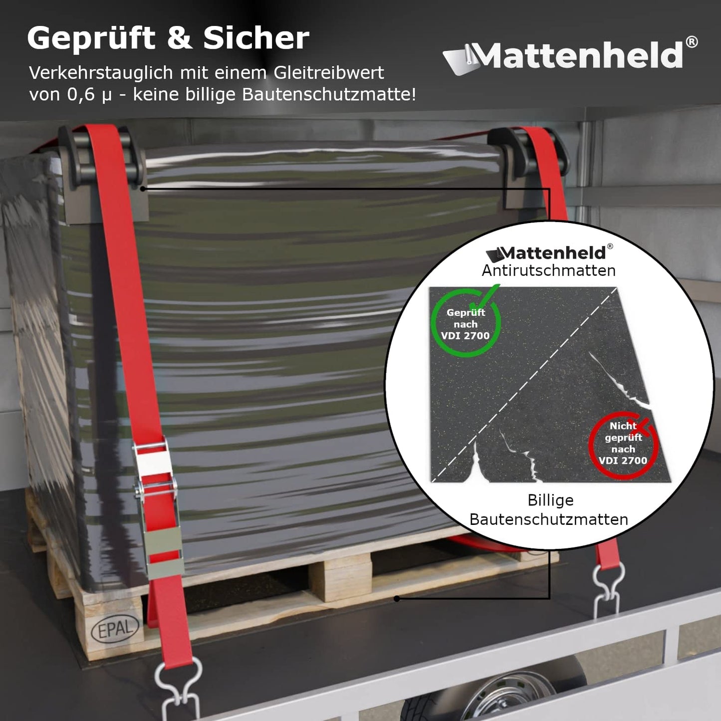 Mattenheld® Antirutschmatte Ladungssicherung 120x80x0,3 cm | Rutschhemmende & genormte Gummigranulatmatte | Ideale Sicherung von Ware im LKW, Anhänger & Kofferraum | Universal Bautenschutzmatte 3mm