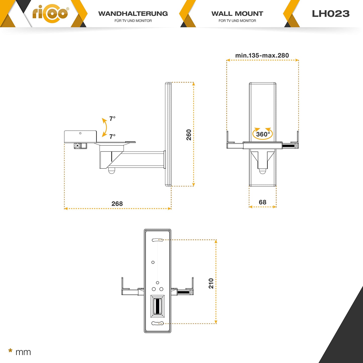 RICOO 2X Lautsprecherwandhalterungen Universal Lautsprecher Wandhalterungen Schwenkbar Neigbar LH023-W Halterung Boxen Wand Halter Boxenhalterung Set bis Max. 25-Kg Wandhalter Speaker Wall Mount