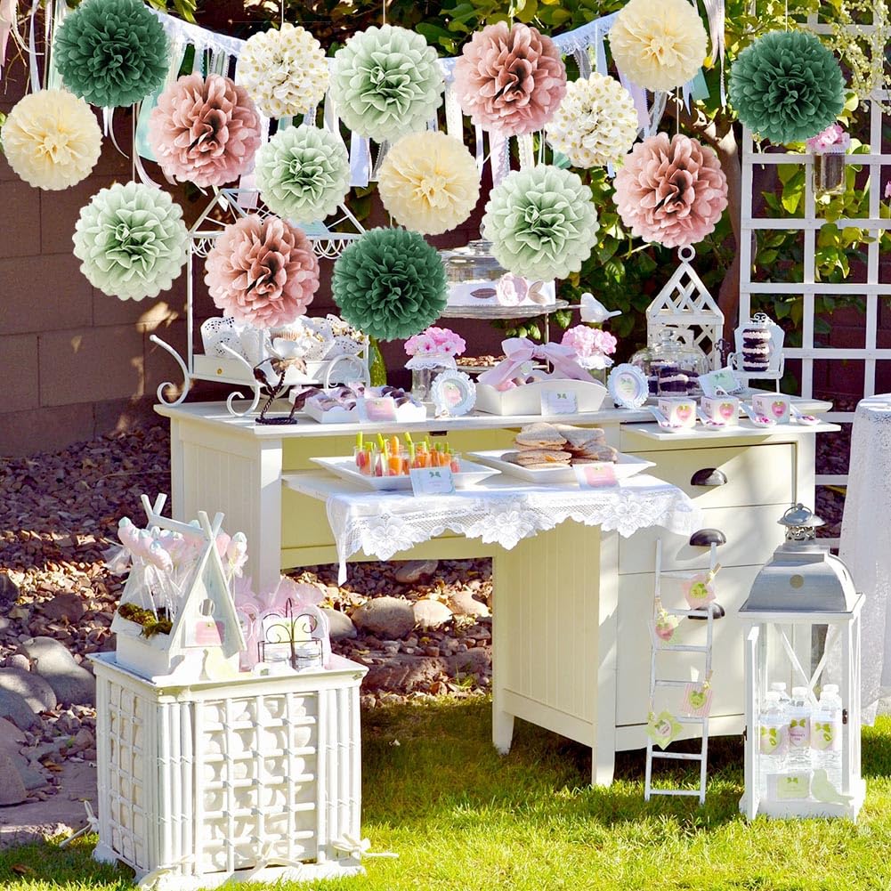 16 Stück Pompons Deko Salbeigrün Rosa Olivgrün Beige Seidenpapier Pompoms Grün Rosa Sage Green Party Deko für Brautparty Babyparty Geburtstagsdeko Grün Rosa Rustikale Hochzeit Salbeigrün