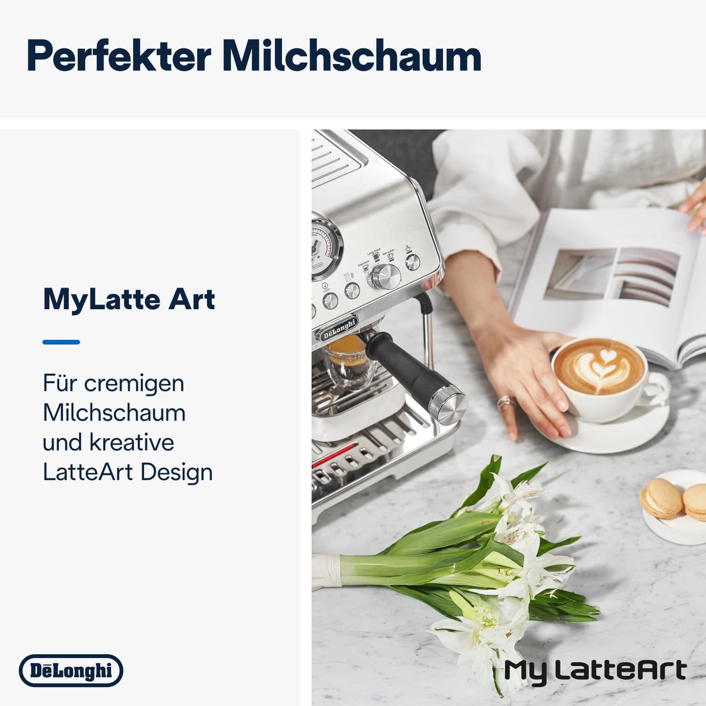 De’Longhi La Specialista Arte EC9155.W Siebträgermaschine, Weiß, mit Mahlwerk, 15 Bar, My LatteArt-System, Barista-Kit, 1,7L Tank, 1550W