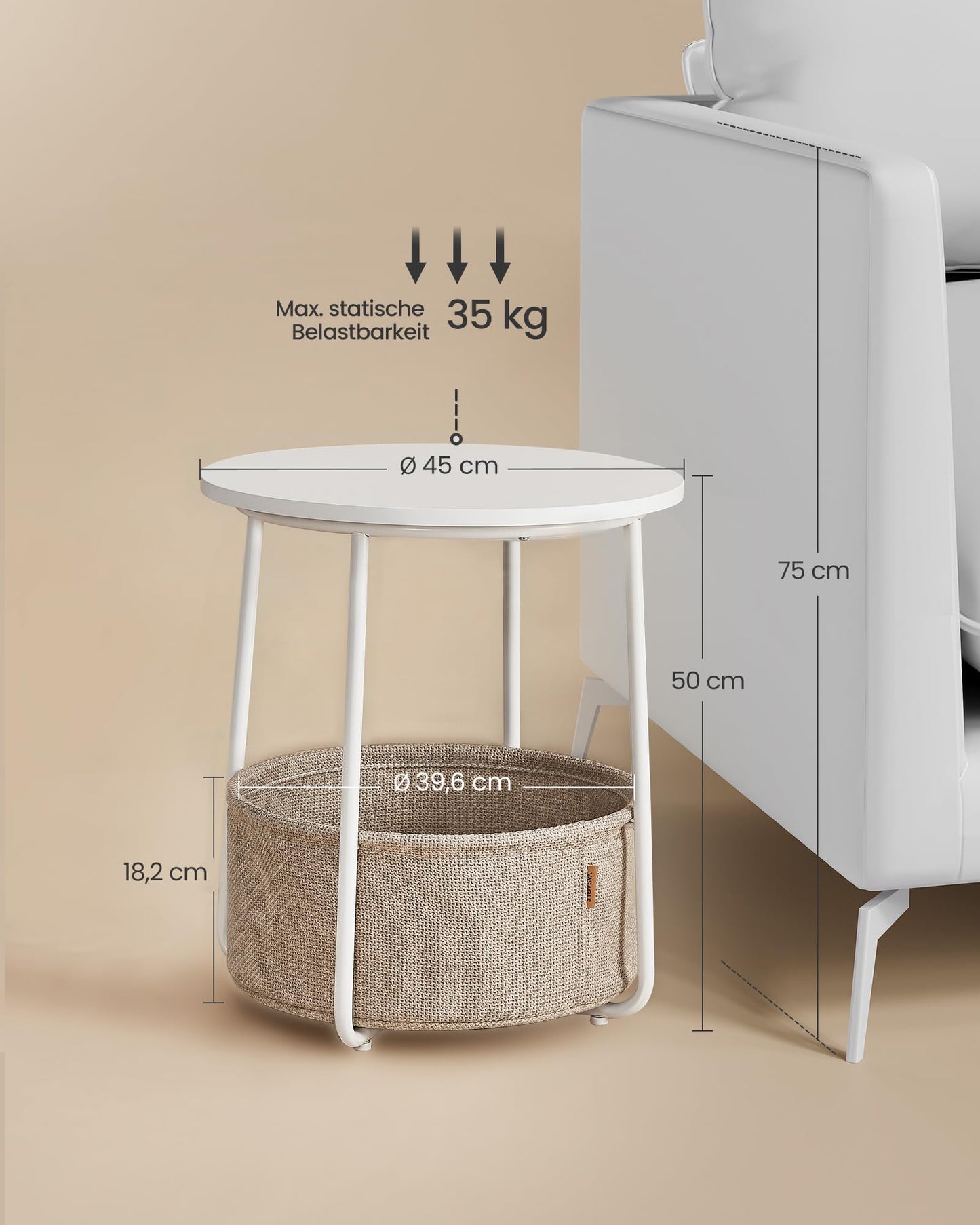 VASAGLE Beistelltisch rund, Kleiner Tisch, Couchtisch klein, Wohnzimmertisch, Korb aus Stoff, Stauraum für Wohnzimmer Schlafzimmer, Nachttisch modern, mattweiß-Kamelbraun LET223W10