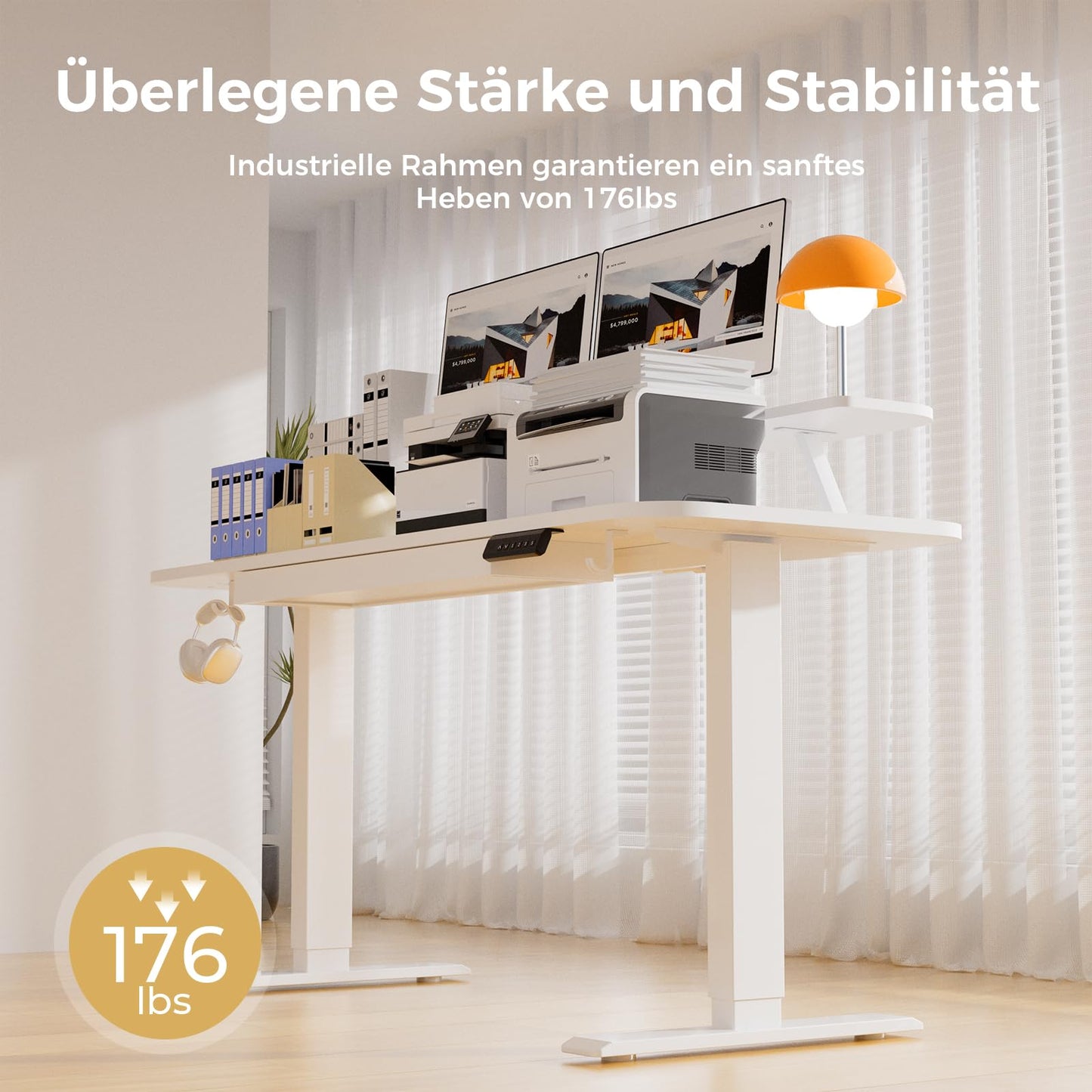 COMHOMA Höhenverstellbarer Schreibtisch Elektrischer, 120x60cm, mit Schubladen, Monitorständer, Tablet-Ständer, mit 3 höhen Memory-Steuerung, Weiß