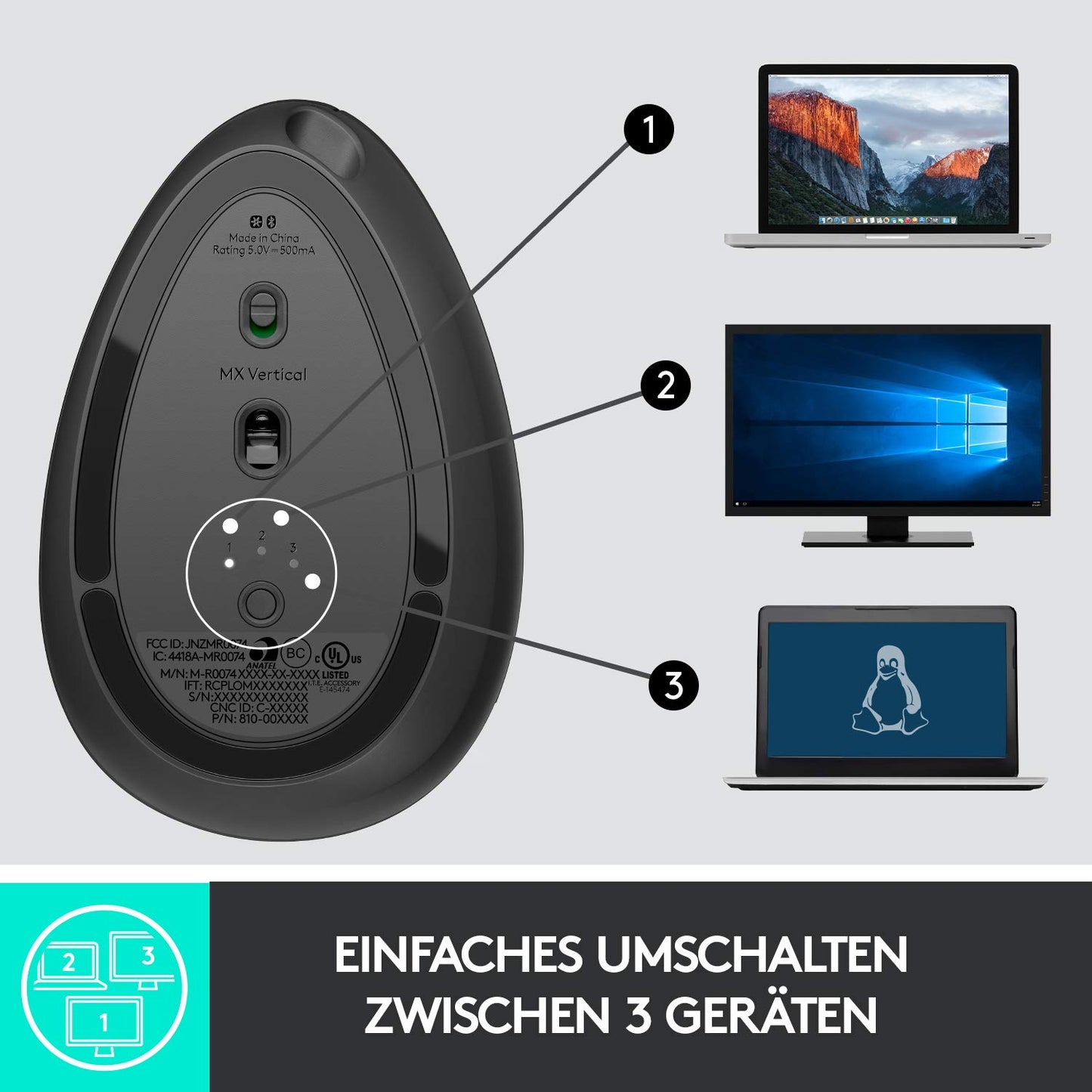 Logitech MX Vertical, Ergonomische Kabellose Maus, Bluetooth und 2.4 GHz Verbindung via Unifying USB-Empfänger, 4000 DPI Sensor, Wiederaufladbarer Akku, 4 Tasten, Multi-Device, PC/Mac/iPadOS - Graphit