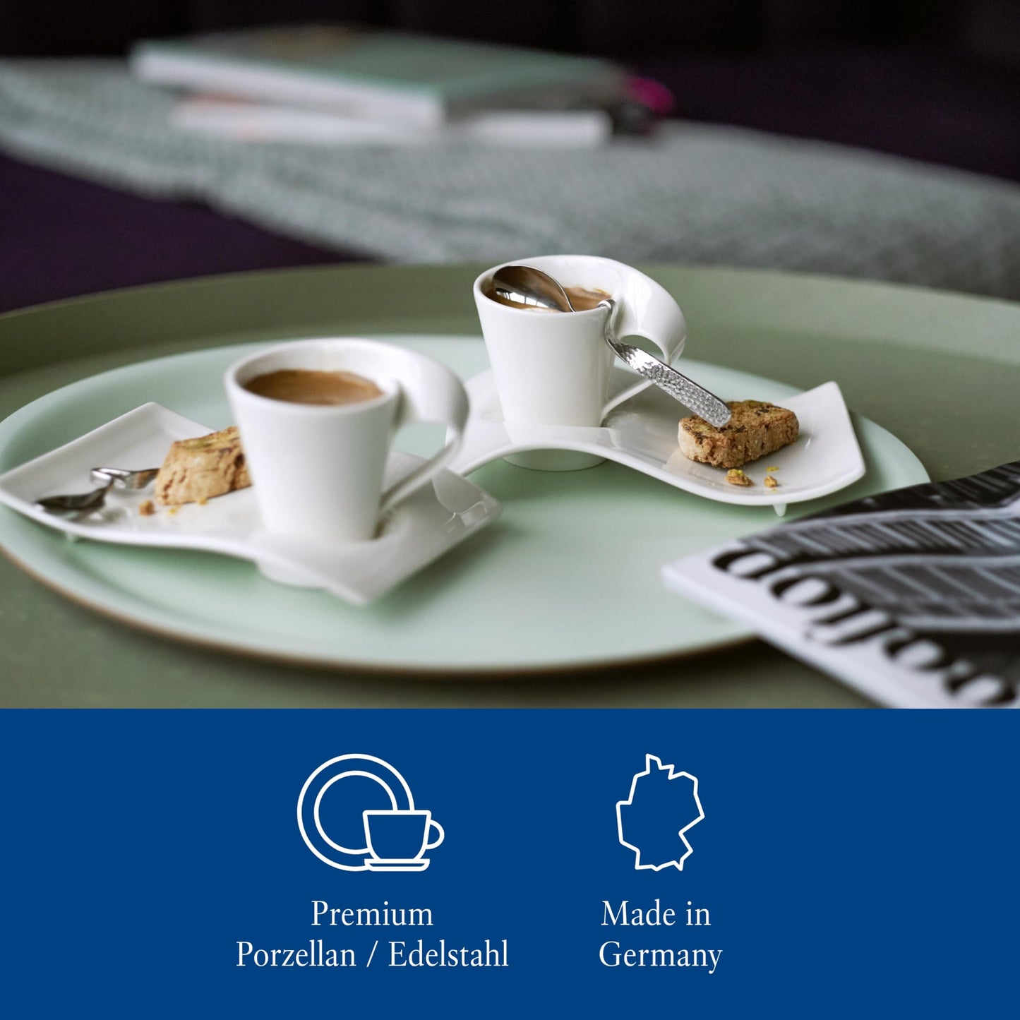 Villeroy & Boch – Newwave Caffè Cappuccino Tassen Set, Spülmaschinenfest, Mikrowellensicher, Cappuccinotassen, Kaffee Geschirr Set, Tasse, Untertasse, Löffel, Premium Porzellan, Edelstahl