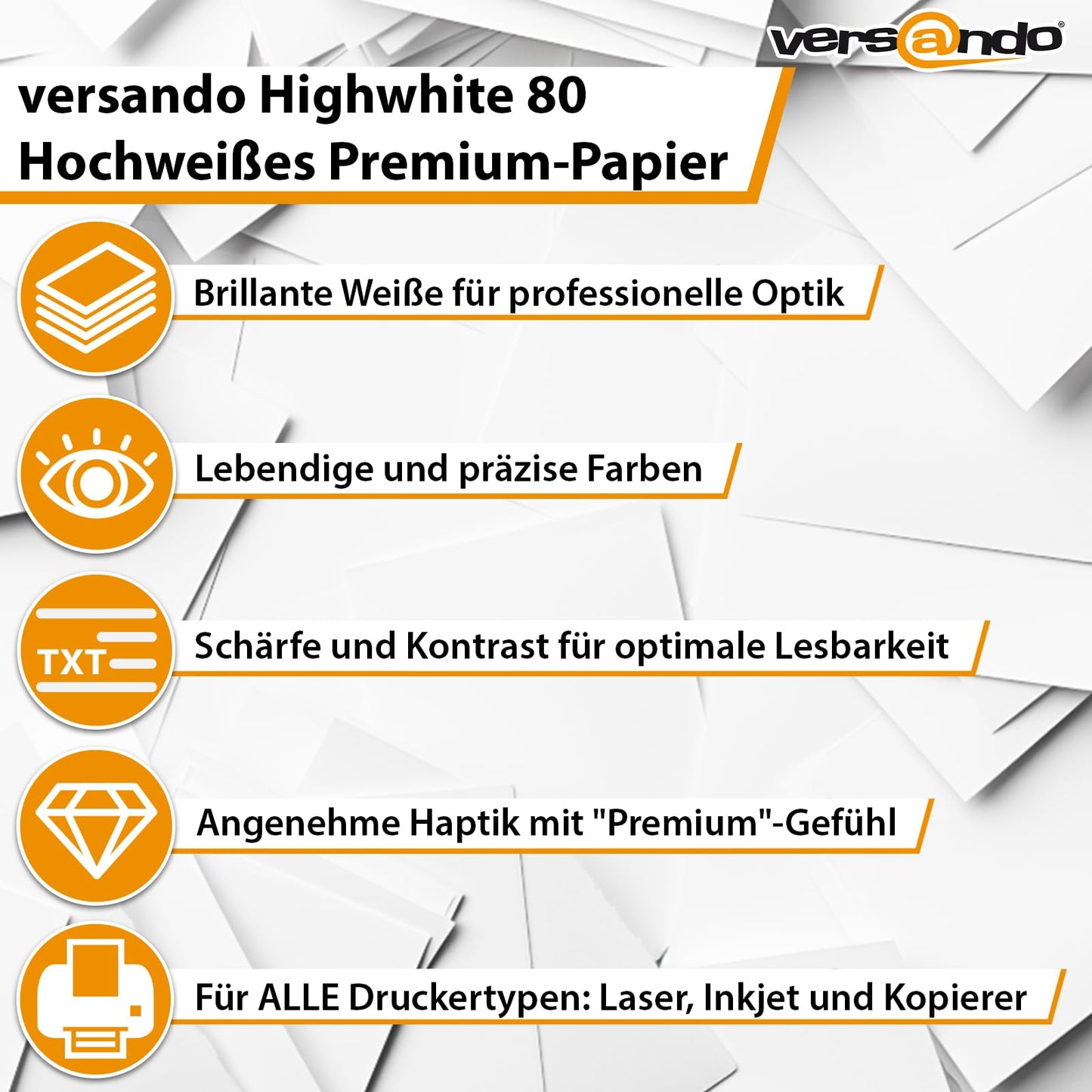versando 5.000 Blatt Druckerpapier A4 hochweiß CIE161 Premium Kopierpapier (10x 500 Blatt HighWhite 80) strahlende Farben, klare Schrift, PEFC zertifiziert