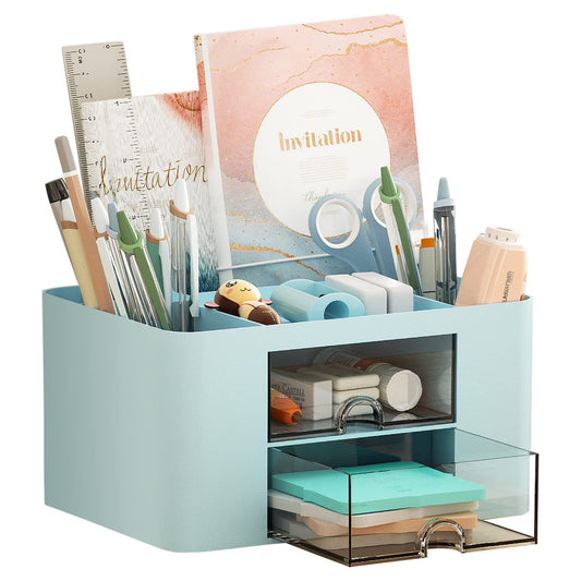 Marbrasse Schreibtisch Organizer mit Schubladen,Multifunktional Stiftehalter Schreibtisch mit 7 Fächer 2 Schubladen,Büro Organizer Schreibtisch und Zubehör (Blau)