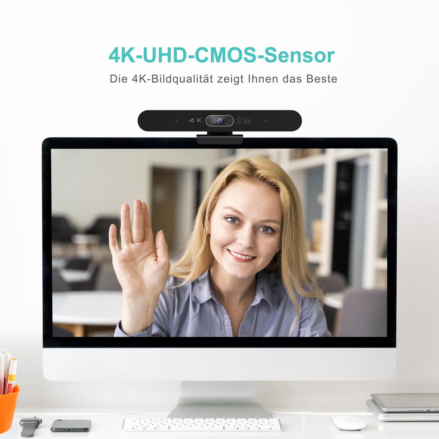RayBit 4K Videokonferenz-Webcam mit Mikrofon und Lautsprecher, AI-Powered Kamera für Videokonferenz mit Fernbedienung für Windows TV/Meeting Room/PC/Desktop-Computer/Zoom/Teams/Skype/USB Plug&Play
