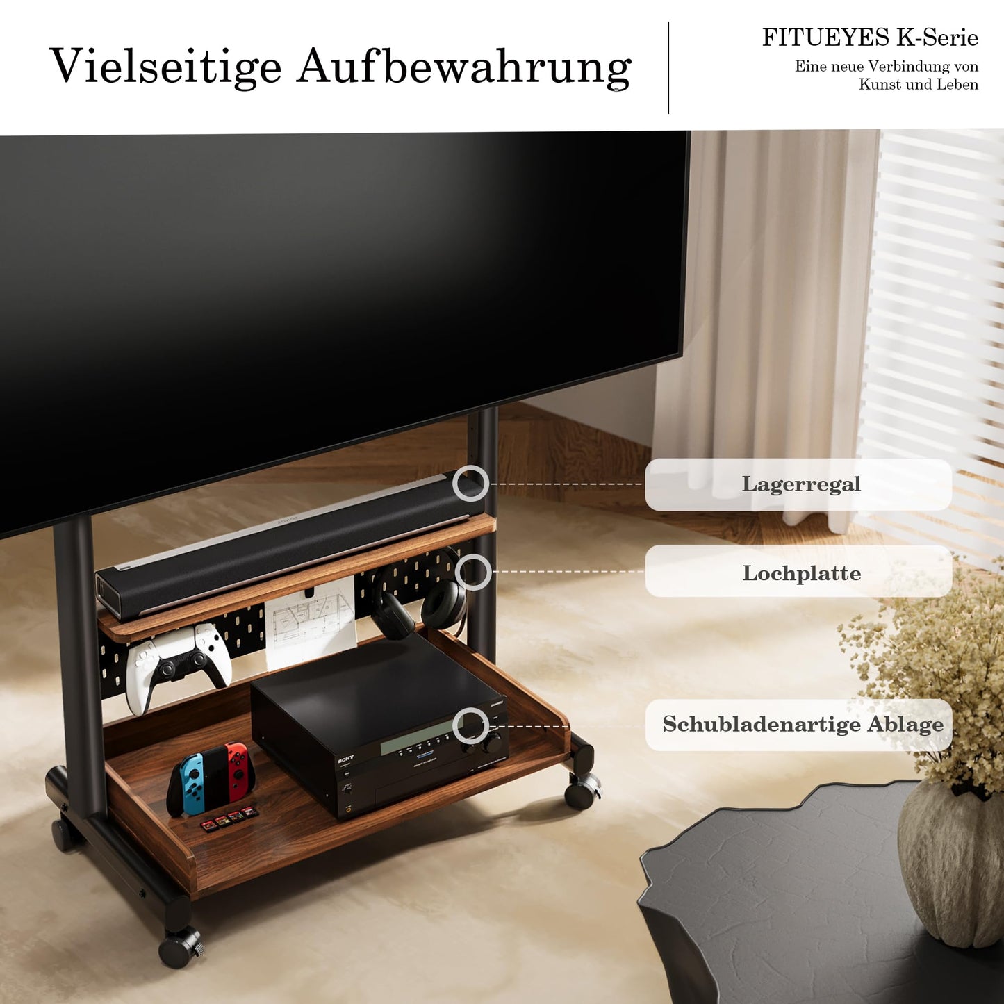 FITUEYES TV Ständer Rollbar Fernsehständer mit Rollen Bodenständer TV Rollwagen für 40-85 Zoll Fernseher höhenverstellbar hoch Max 60KG VESA 600x400 mm