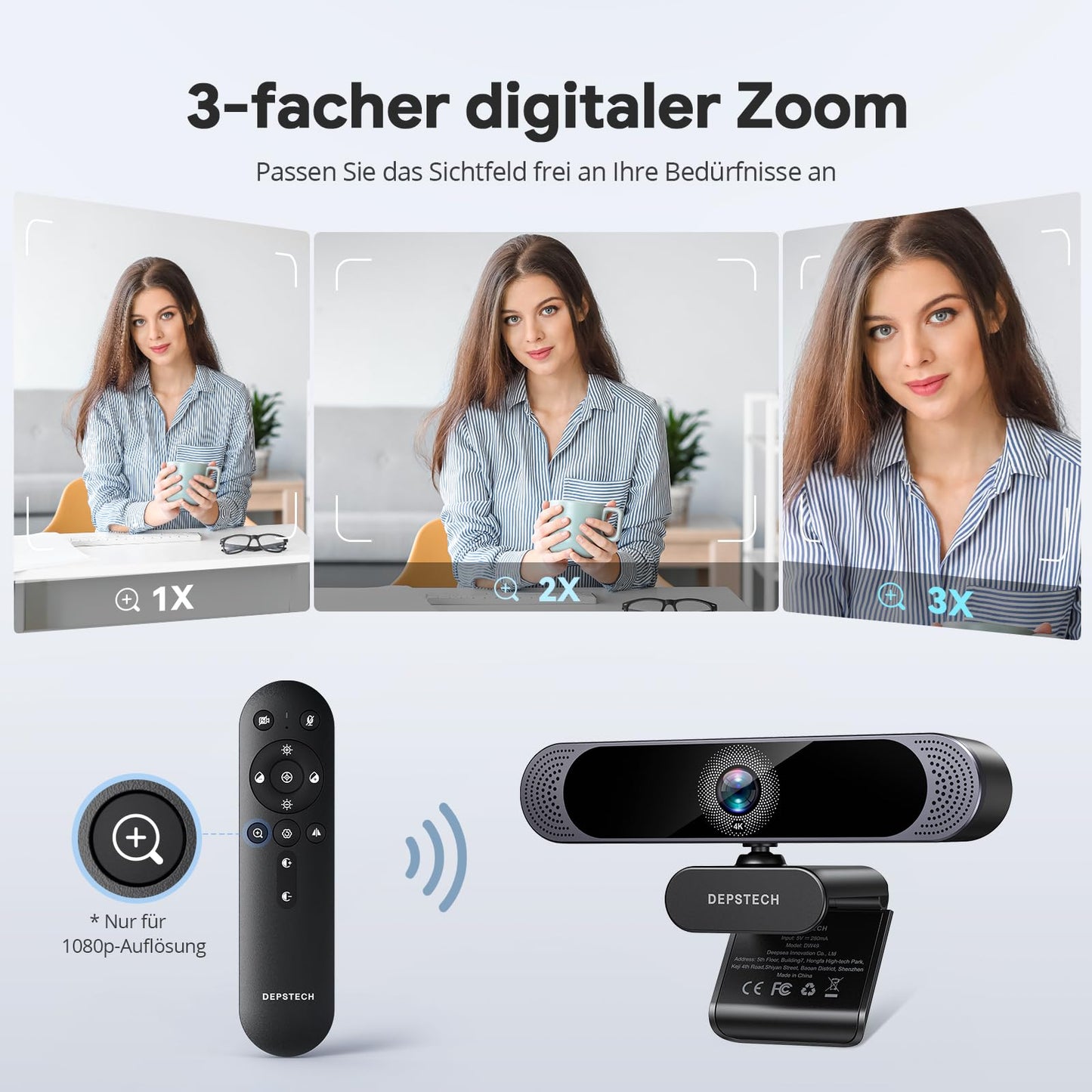 DEPSTECH DW49 Pro Webcam 4K, Ultra HD 1/2,55'' Sony-Sensor, 3-facher Zoom, Webcam mit Zwei Mikrofon, Fernbedienung, Autofokus, Streaming Kamera für PC, Mac, Laptop, Videoanruf, Zoom, Skype, Teams