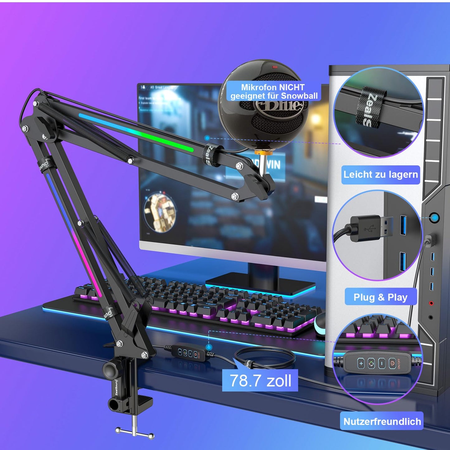 ZealSound Mikrofon Arm, HT35 Mikrofonarm Ständer mit einstellbar RGB-Lichteffekt, 5/8" Adapter, kompatibel mit HyperX QuadCast S/ProCast/Duocast, Blue Yeti/Snowball/Shure SM7B/Rode NT1/Elgato usw.