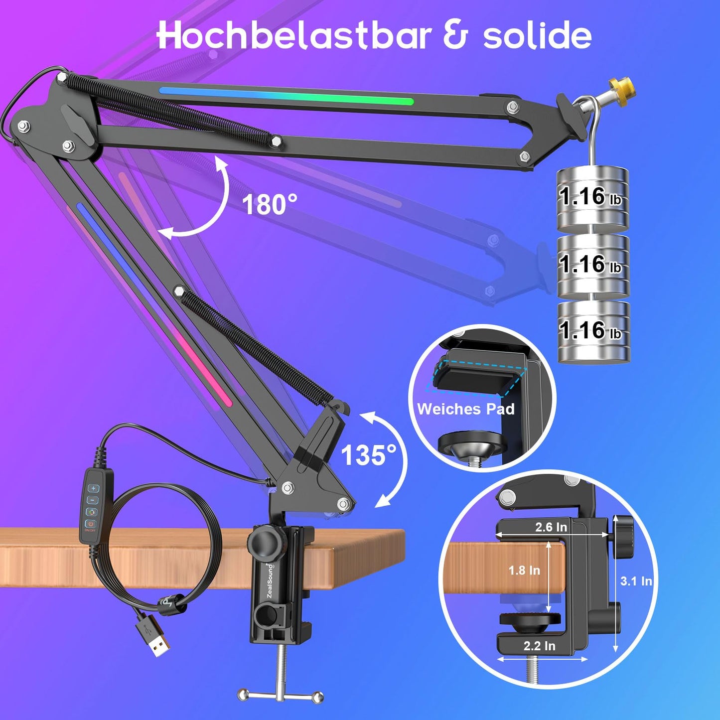ZealSound Mikrofon Arm, HT35 Mikrofonarm Ständer mit einstellbar RGB-Lichteffekt, 5/8" Adapter, kompatibel mit HyperX QuadCast S/ProCast/Duocast, Blue Yeti/Snowball/Shure SM7B/Rode NT1/Elgato usw.